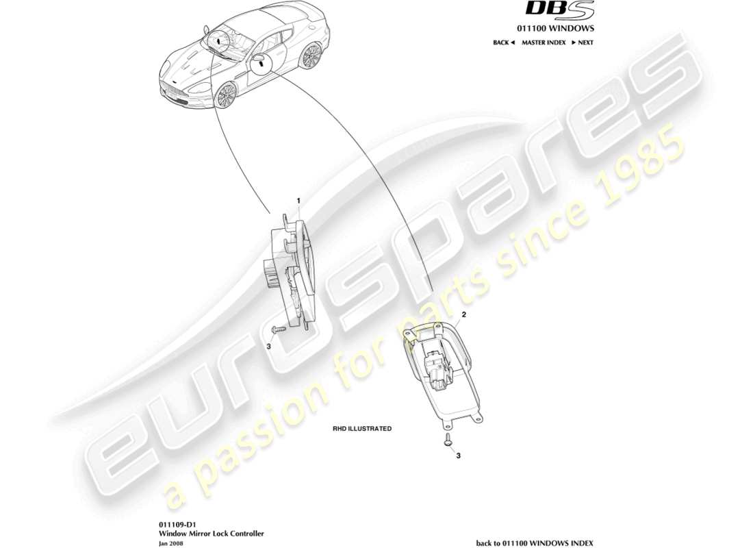 aston martin dbs (2012) teilediagramm des fenster-/spiegelverriegelungs-controllers