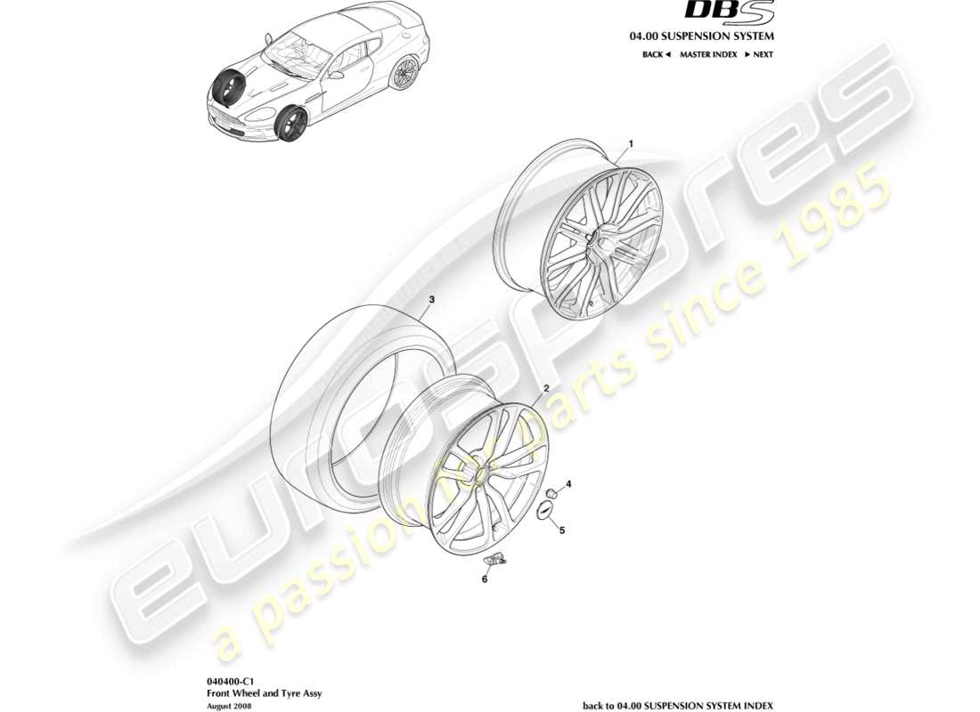 aston martin dbs (2012) teilediagramm für vorderräder und reifen