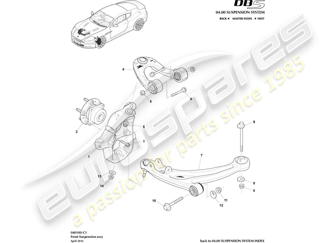 aston martin dbs (2011) teilediagramm der vorderradaufhängung