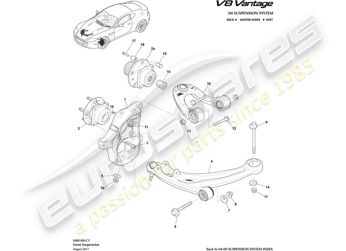 aston martin v8 vantage (2010) teilediagramm der vorderradaufhängung