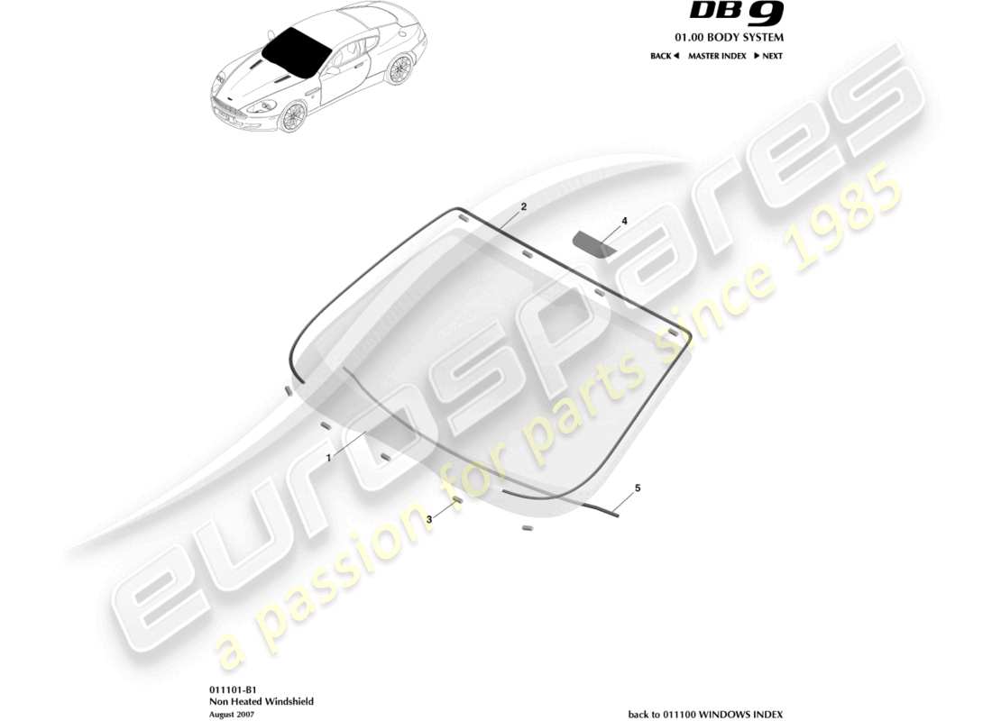 aston martin db9 (2007) windschutzscheibe, unbeheizt, teilediagramm