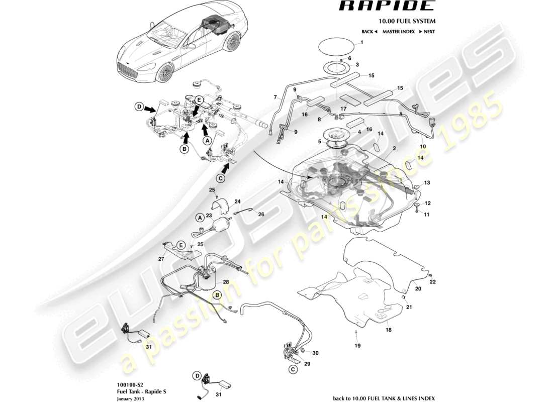 aston martin rapide (2017) kraftstofftankbaugruppe, s-teilediagramm