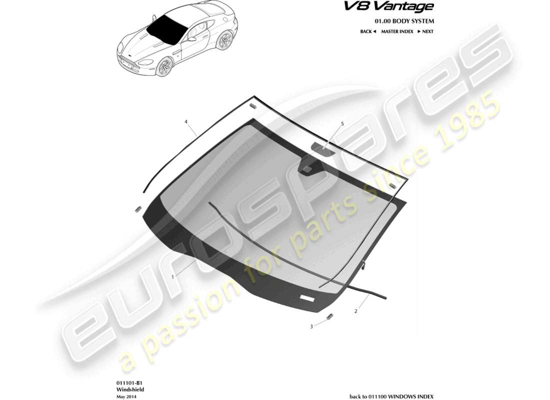 aston martin v8 vantage (2018) windschutzscheiben-teilediagramm
