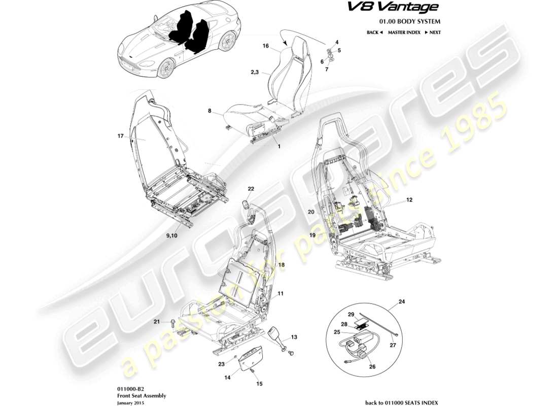 aston martin v8 vantage (2010) vordersitz teilediagramm