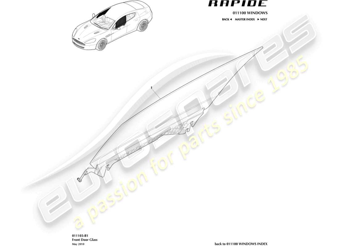 aston martin rapide (2018) teilediagramm für vordertürglas