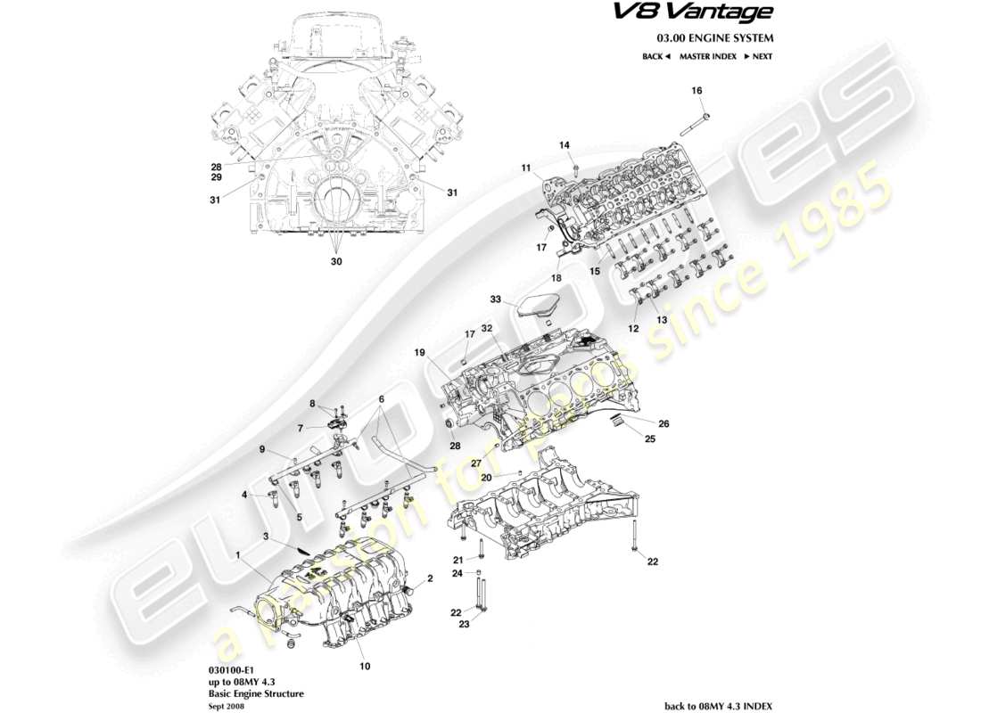 aston martin v8 vantage (2010) teilediagramm der motorstruktur