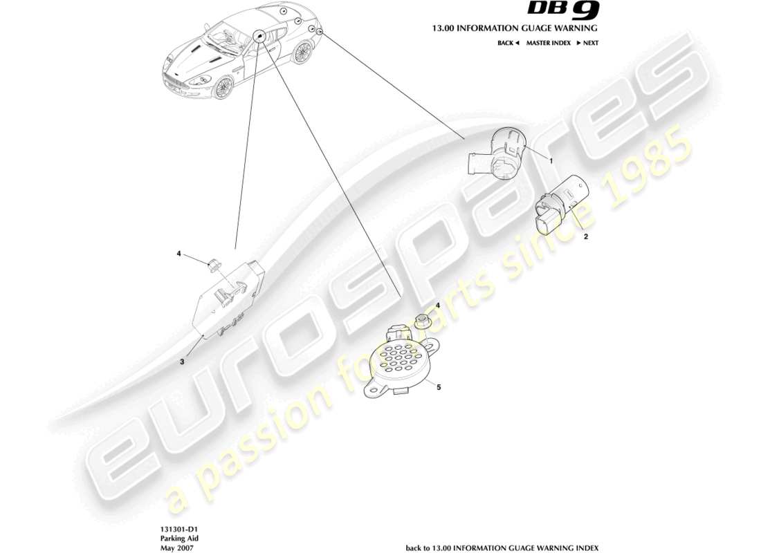 aston martin db9 (2012) teilediagramm für einparkhilfesensoren