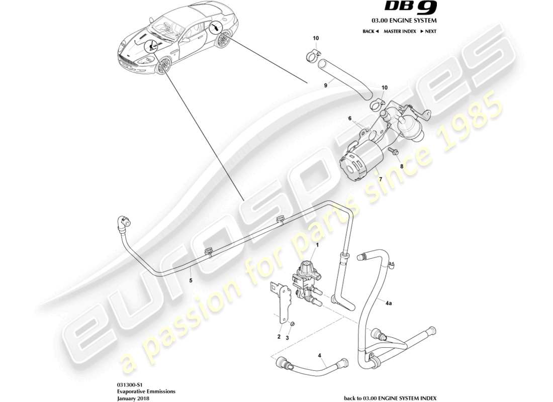 aston martin db9 (2012) teilediagramm für verdunstungsemissionen