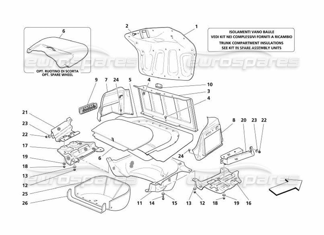 maserati 4200 coupe (2005) kofferraumverkleidungen - teilediagramm für lufteinlass und wärmeabschirmungen