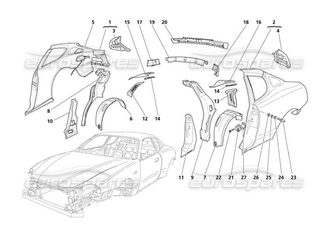 maserati 4200 coupe (2005) boby - teilediagramm für hintere außenverkleidungen