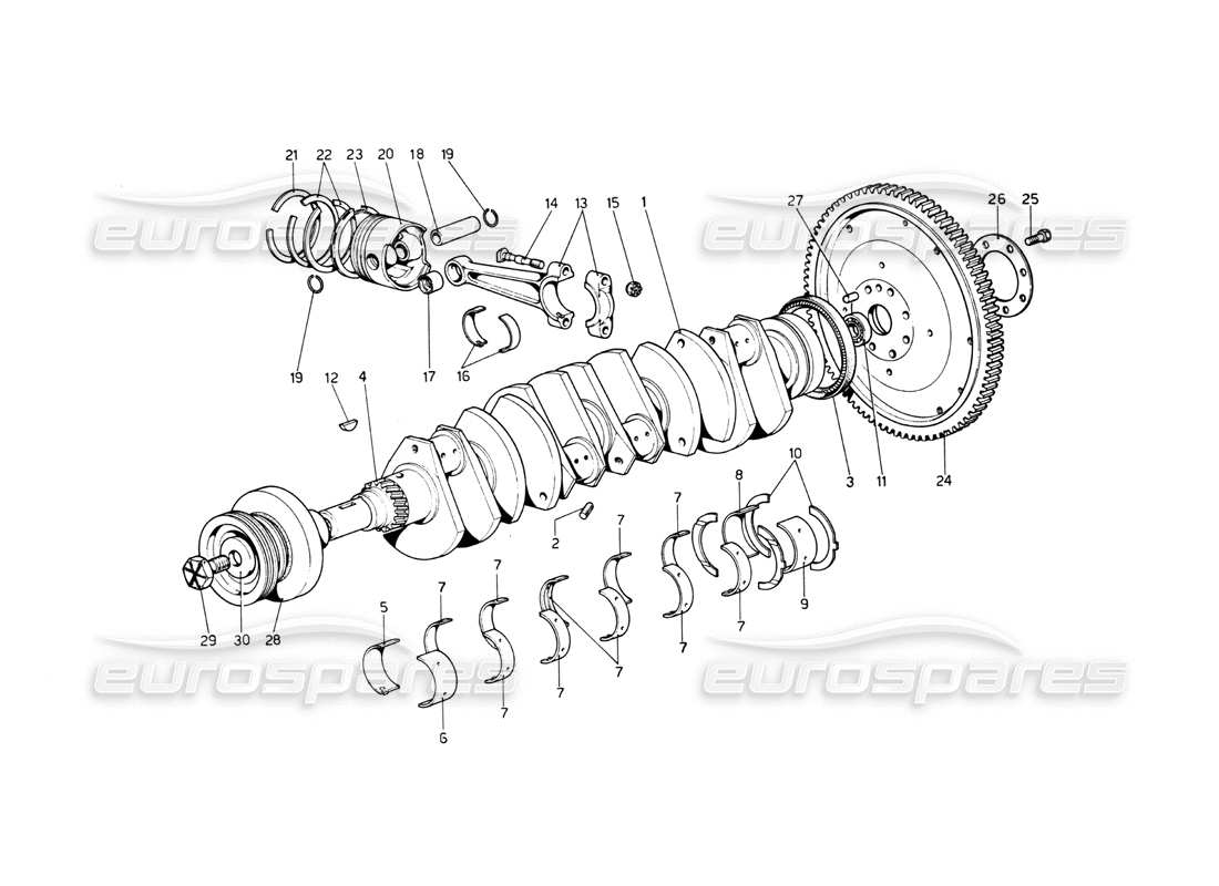 FERRARI 512 BB KURBELWELLE - PLEUELSTANGEN UND KOLBEN - TEILEDIAGRAMM ferrari 512 bb kurbelwelle - pleuelstangen und kolben - teilediagramm