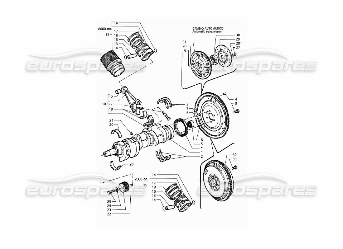 maserati qtp. 3.2 v8 (1999) teilediagramm für kurbelwelle, kolben, pleuelstangen und schwungrad