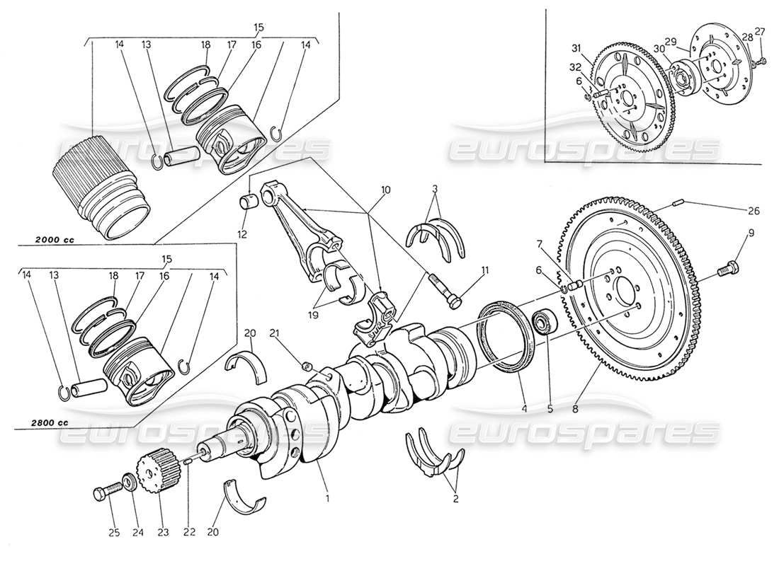 maserati biturbo spider teilediagramm kurbelwelle - kolben - pleuelstangen und schwungrad