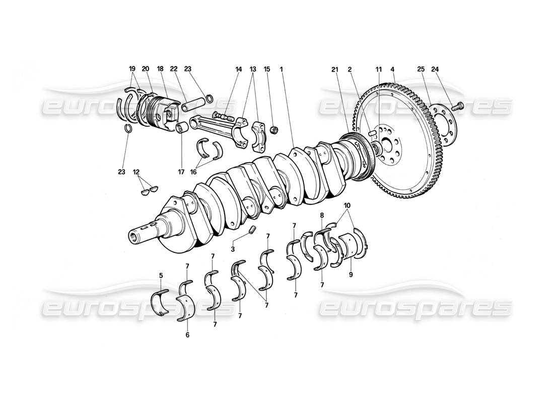 ferrari testarossa (1987) kurbelwelle - pleuelstangen und kolben - teilediagramm