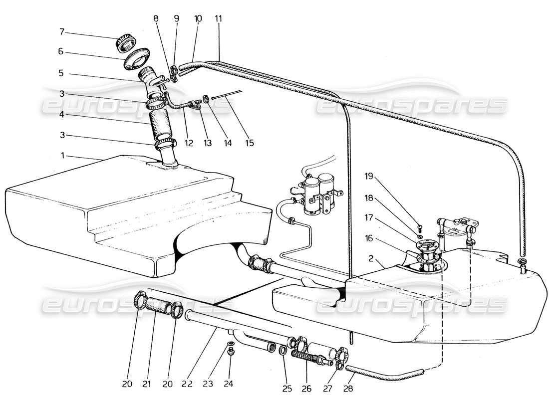 ferrari 365 gt4 2+2 (1973) teilediagramm für kraftstofftanks und rohrleitungen