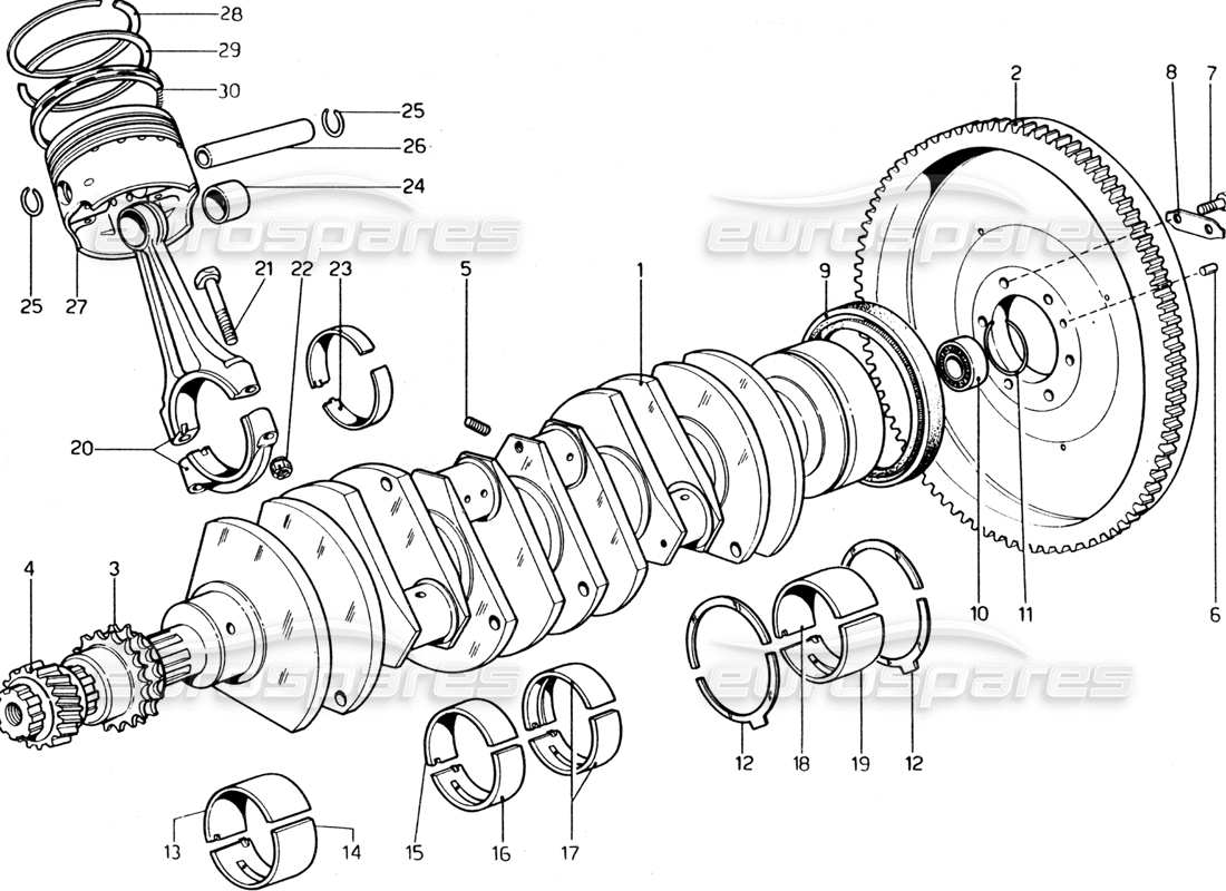 ferrari 365 gt4 2+2 (1973) teilediagramm für kurbelwelle, pleuelstangen und kolben
