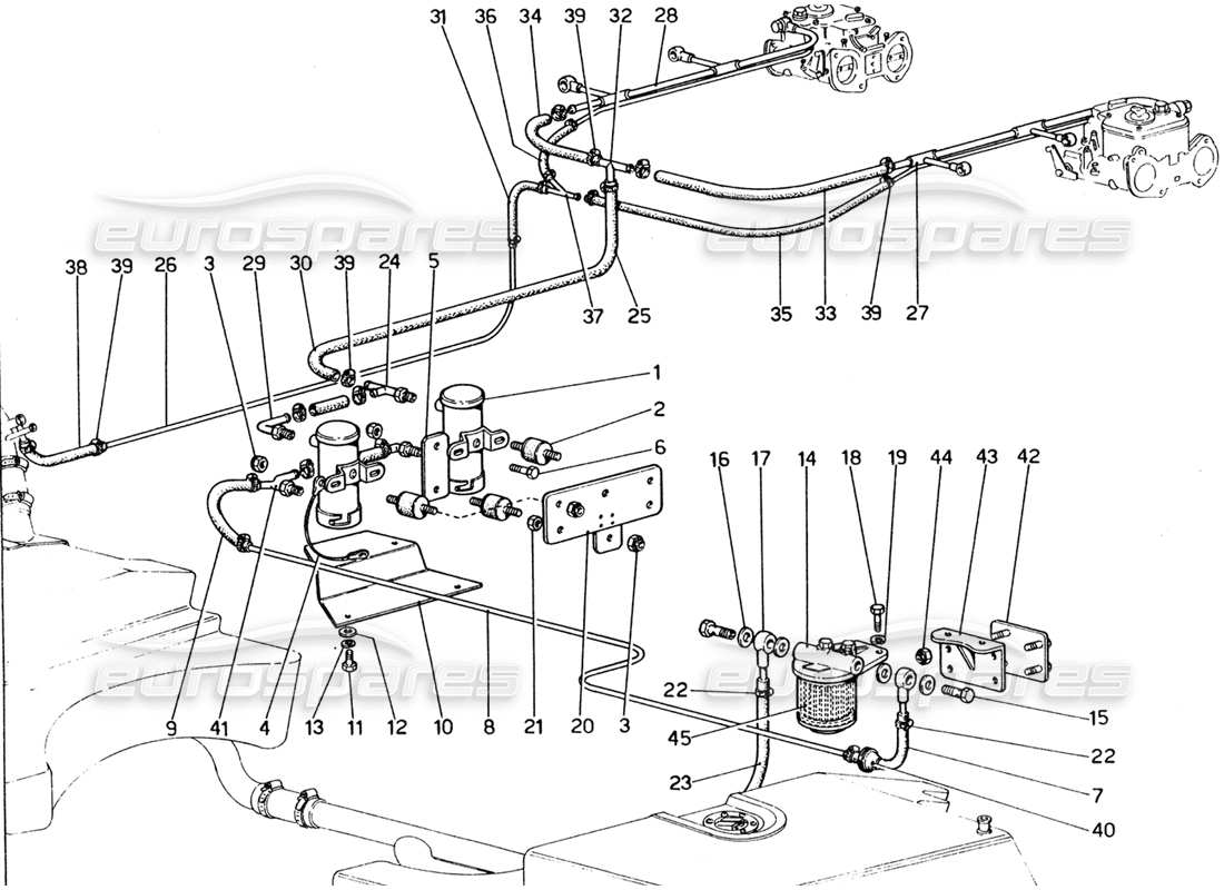 ferrari 365 gt4 2+2 (1973) teilediagramm für kraftstoffpumpen und kraftstoffleitungen