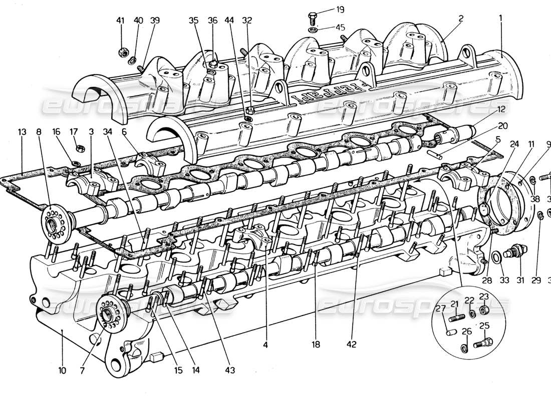 ferrari 365 gt4 2+2 (1973) zylinderkopf (rechts) teilediagramm