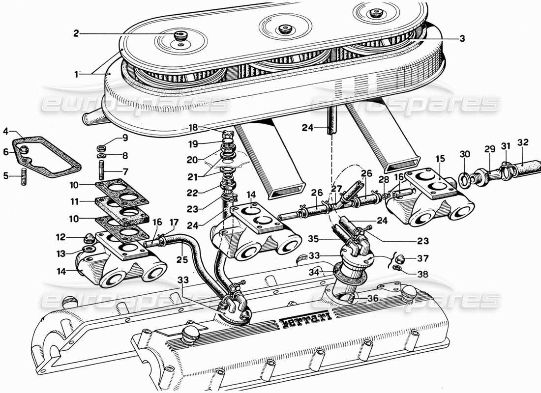 ferrari 365 gt 2+2 (mechanical) lufteinlass mit blow-by-teilediagramm