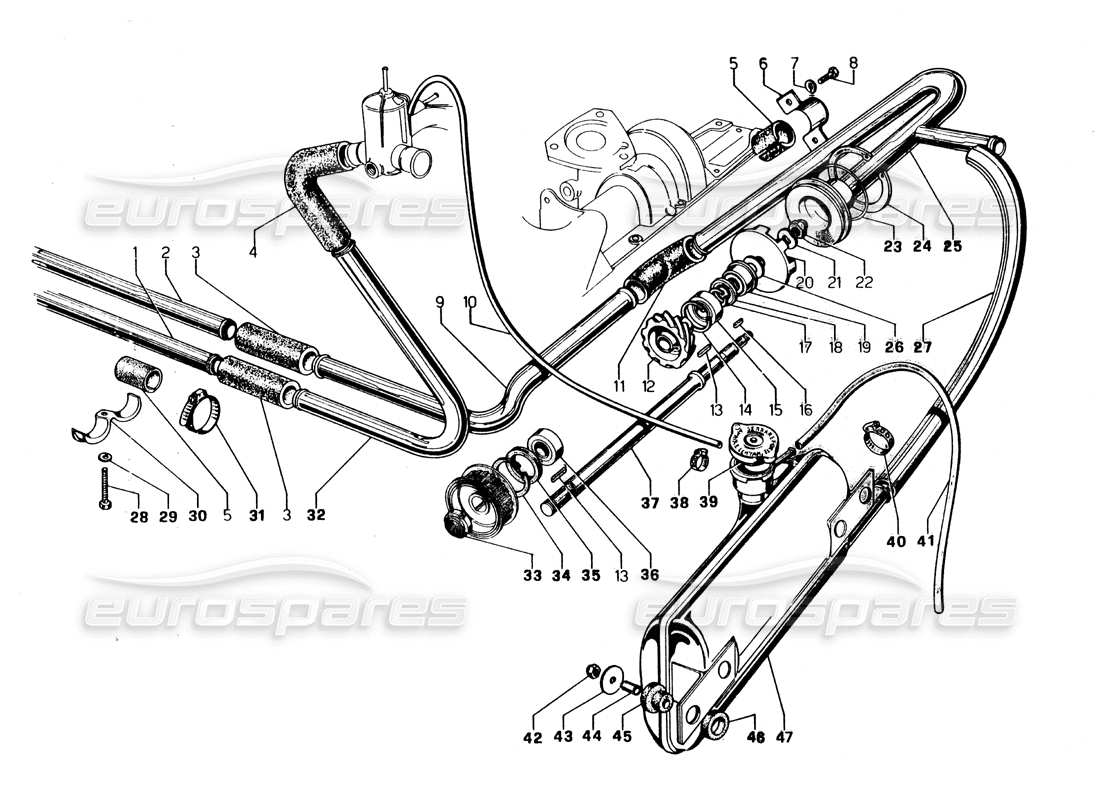 LAMBORGHINI URRACO P250 / P250S WASSERPUMPE UND SYSTEMTEILEDIAGRAMM lamborghini urraco p250 / p250s wasserpumpe und systemteilediagramm