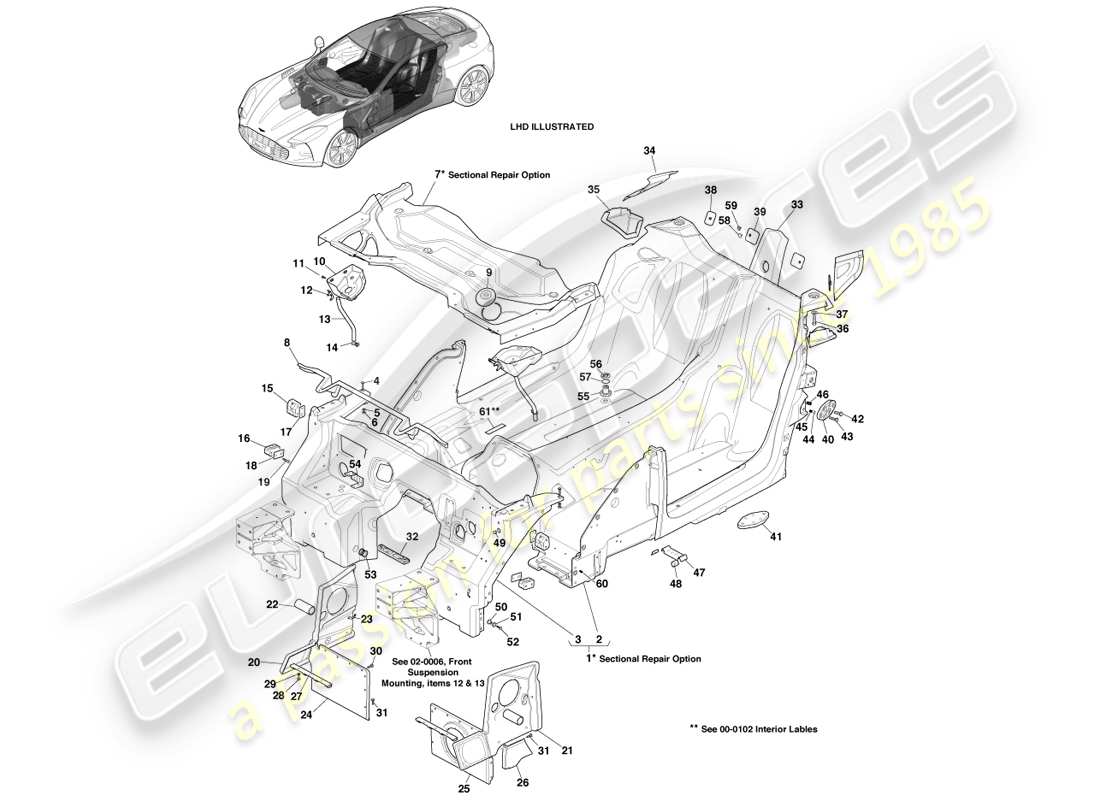 aston martin one-77 (2011) teilediagramm der hauptwanne