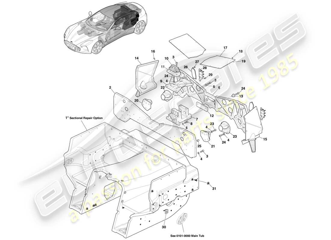 aston martin one-77 (2011) teilediagramm der hinteren wannenbaugruppe