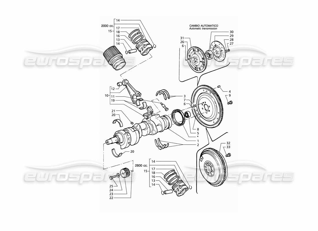 maserati qtp v6 (1996) teilediagramm für kurbelwelle, kolben, pleuel und schwungrad
