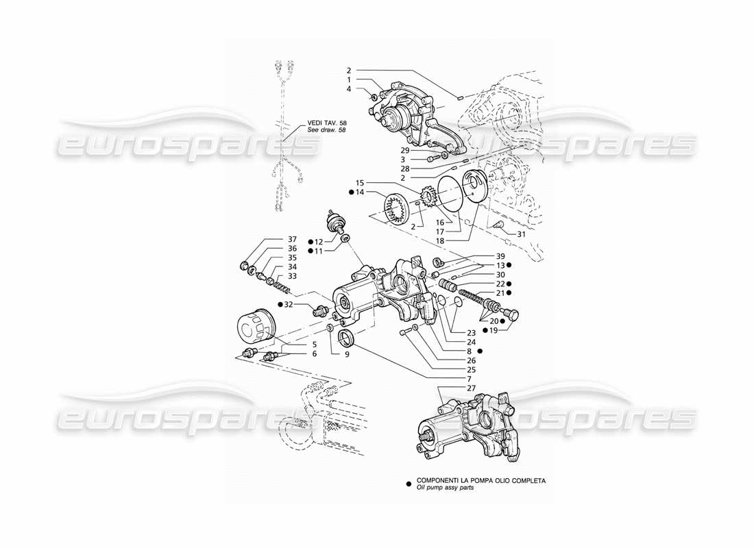 maserati qtp v6 (1996) teilediagramm für ölpumpe und wasserpumpe