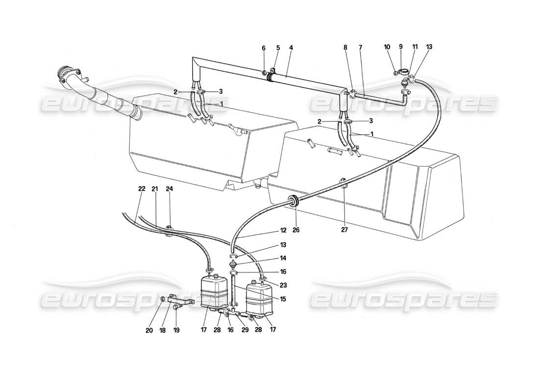 ferrari testarossa (1987) teilediagramm des anti-evaporative-emission control-systems (für usa und sa)