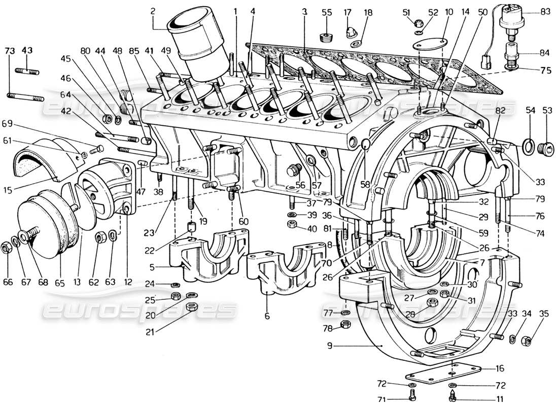 ferrari 365 gt4 2+2 (1973) kurbelgehäuse-teilediagramm