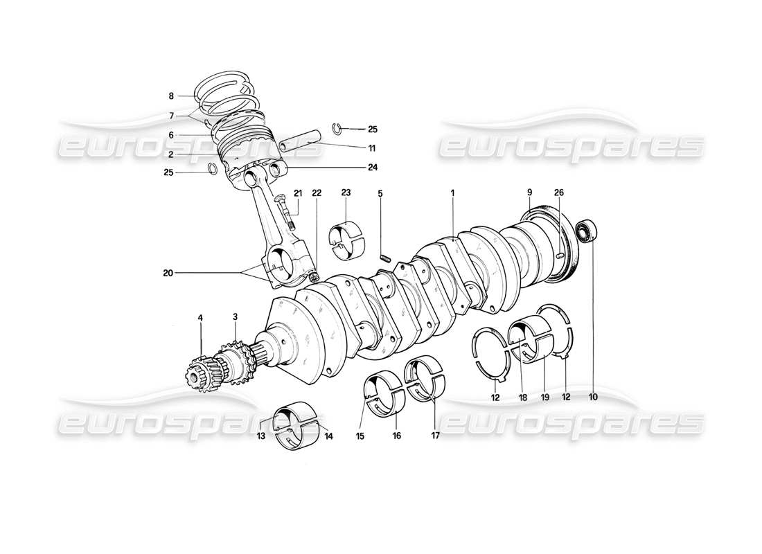 ferrari 400i (1983 mechanical) kurbelwelle - pleuelstangen und kolben - teilediagramm