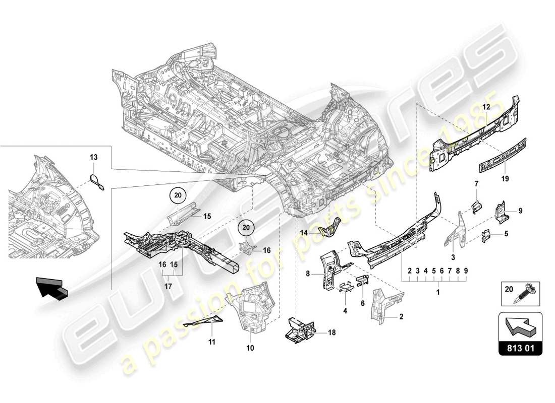 lamborghini urus performante (2023) unterboden hinten, teilediagramm