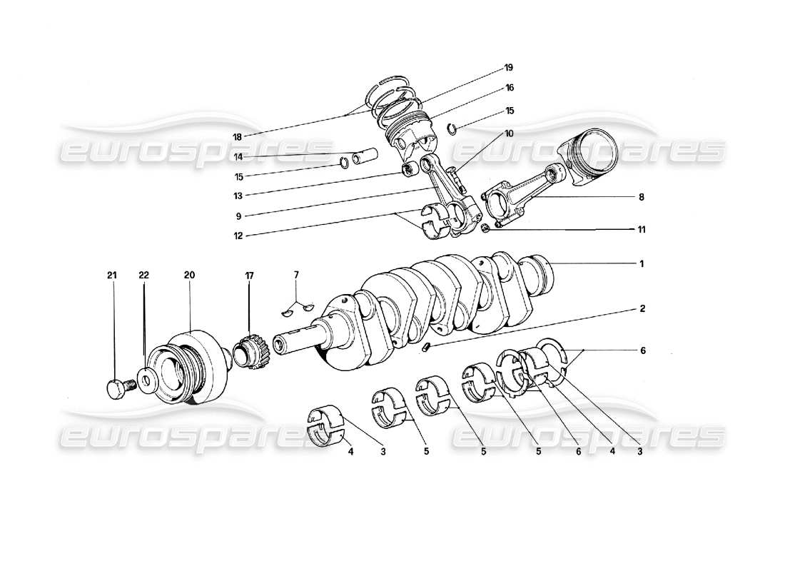 ferrari 308 quattrovalvole (1985) kurbelwelle - pleuelstangen und kolben - teilediagramm