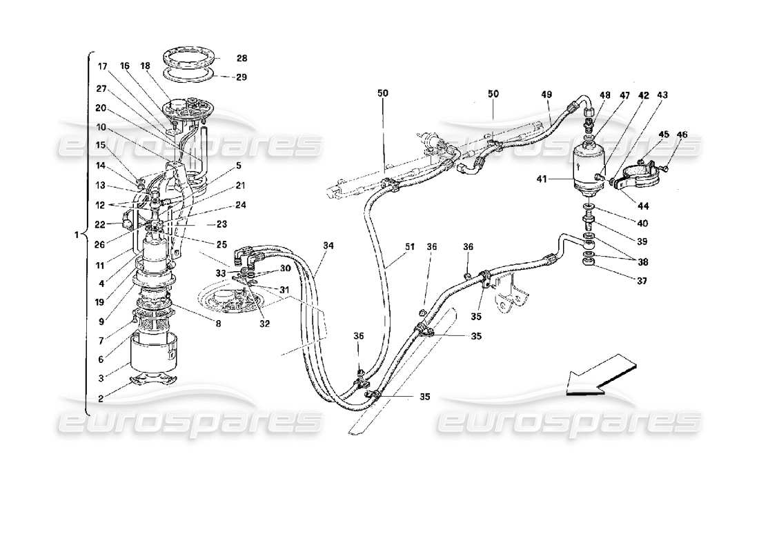 ferrari 512 tr teilediagramm für kraftstoffpumpe und -leitungen
