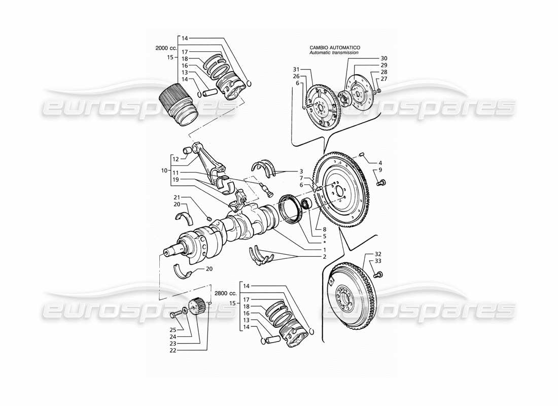maserati ghibli 2.8 gt (variante) teilediagramm für kurbelwelle, kolben, pleuel und schwungrad
