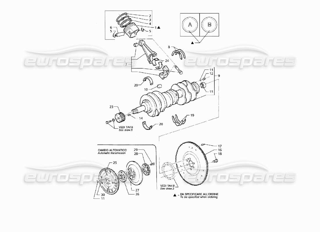 maserati qtp v8 (1998) teilediagramm für kurbelwelle, kolben, pleuel und schwungrad