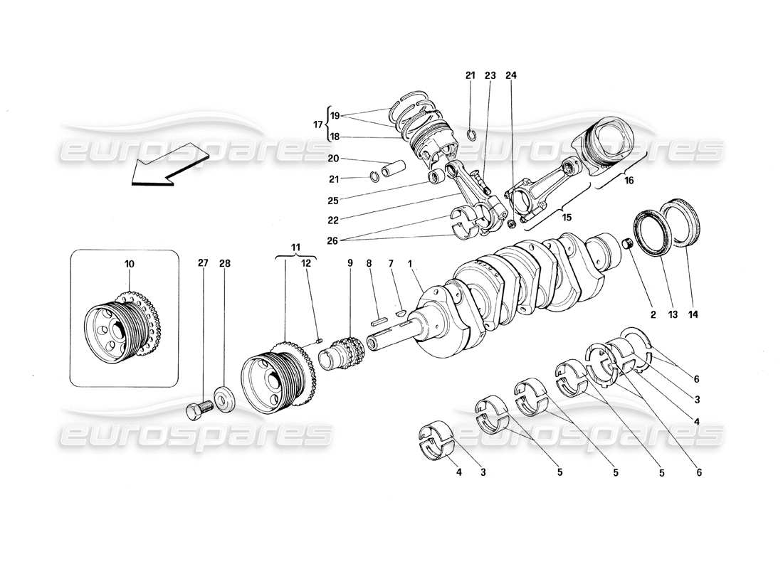 ferrari 348 (1993) tb / ts teilediagramm für kurbelwelle, pleuel und kolben