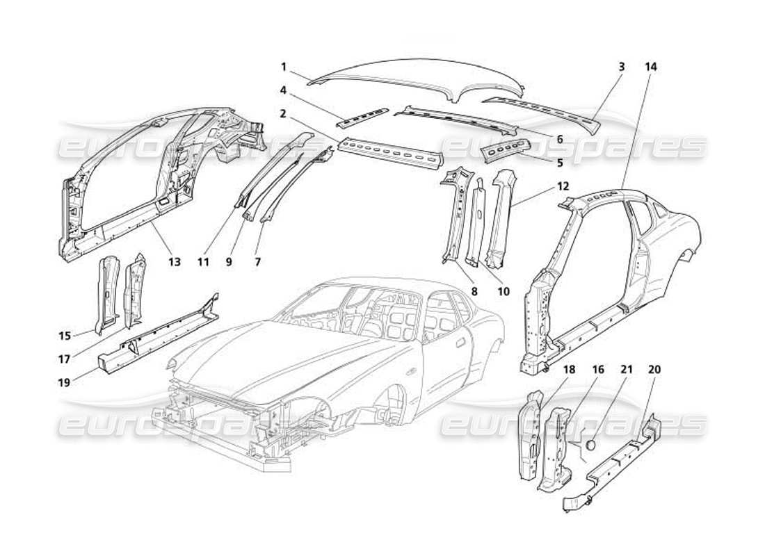 maserati 4200 coupe (2005) boby - teilediagramm für zentrale außenverkleidungen