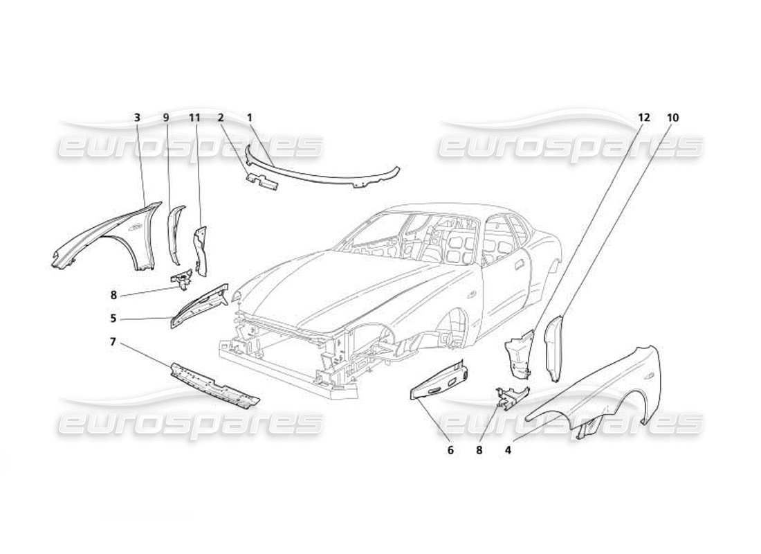 maserati 4200 coupe (2005) karosserie - teilediagramm für vordere außenverkleidungen