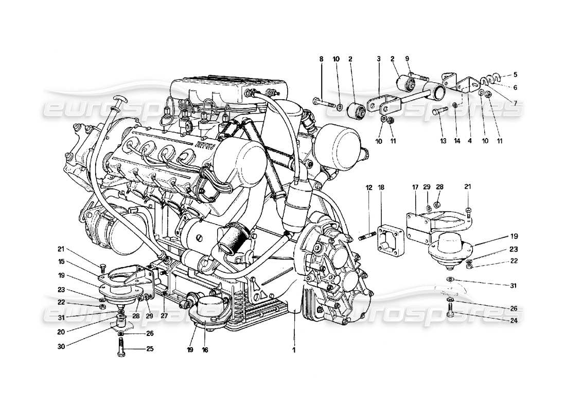 ferrari 308 quattrovalvole (1985) motor - getriebe und halterungen teilediagramm