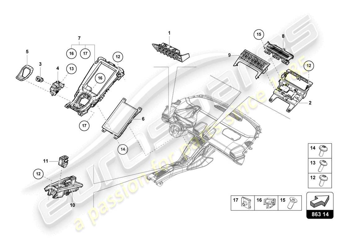 lamborghini sterrato (2024) mittelkonsole, oberteil ersatzteildiagramm