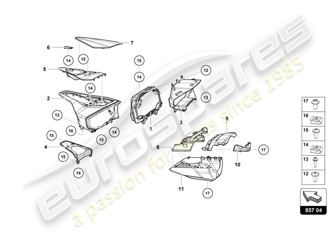 lamborghini evo spyder (2024) instrumentengehäuse für drehzahlmesser und täglichen kilometerregler ersatzteildiagramm