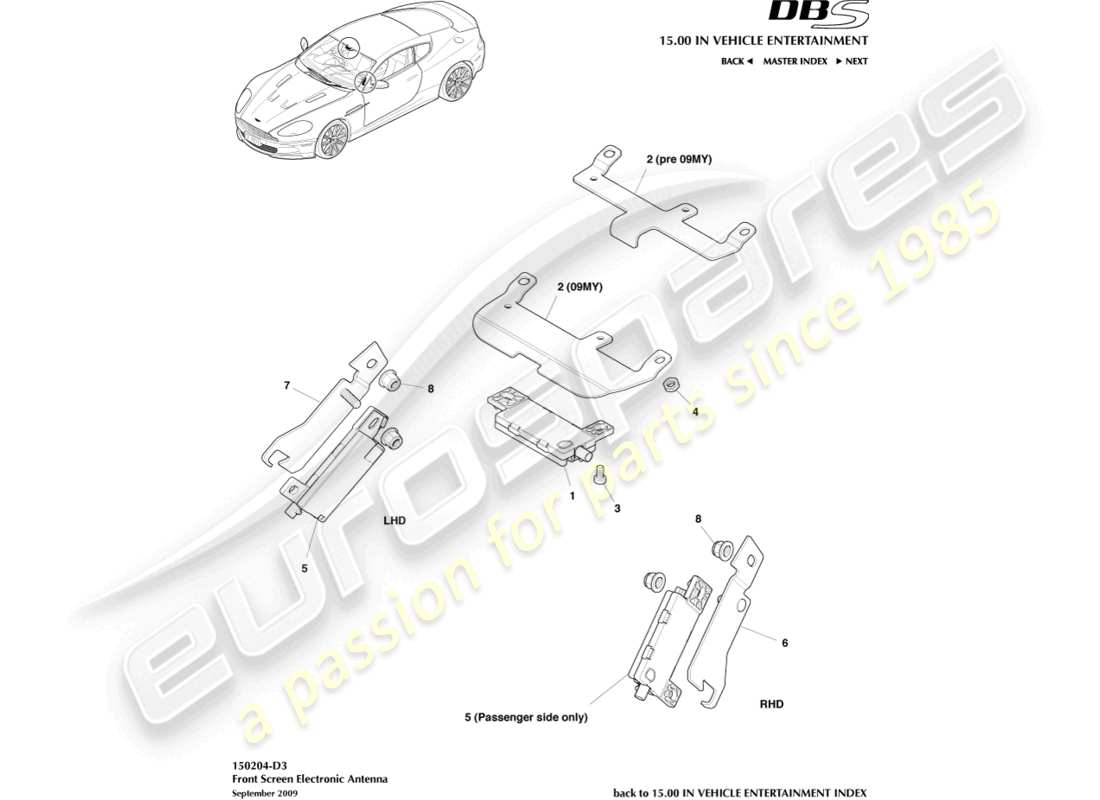 aston martin dbs (2009) elektronische antenne, windschutzscheiben-teilediagramm