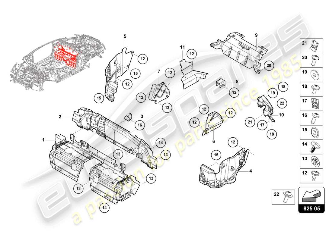 lamborghini evo coupe (2022) wärmeschild ersatzteildiagramm