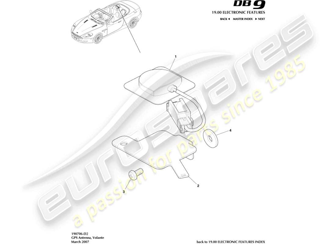 aston martin db9 (2010) gps-antenne, volante-teilediagramm