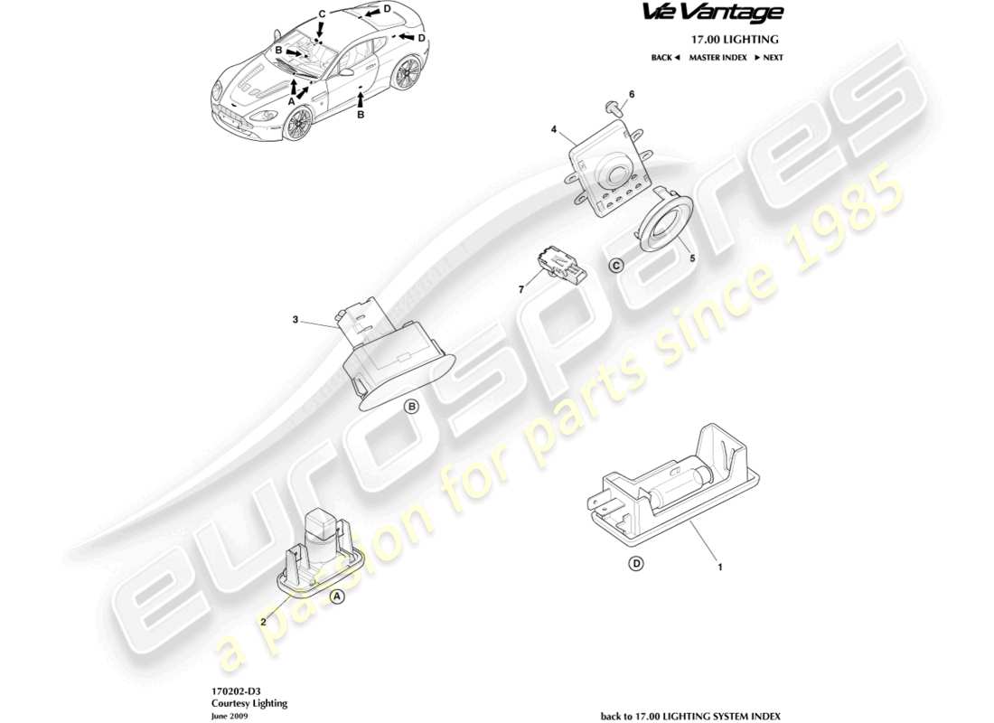 aston martin v12 vantage (2011) teilediagramm für innenbeleuchtung