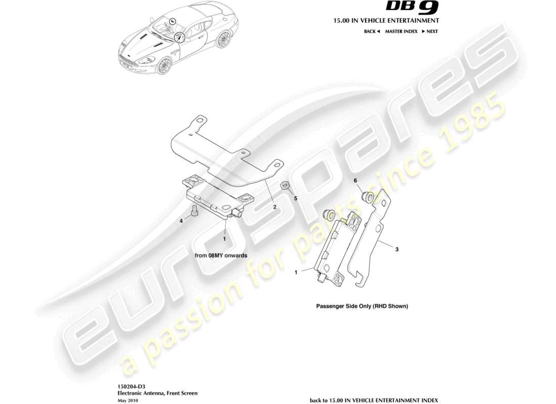 aston martin db9 (2009) elektronische antenne, windschutzscheiben-teilediagramm