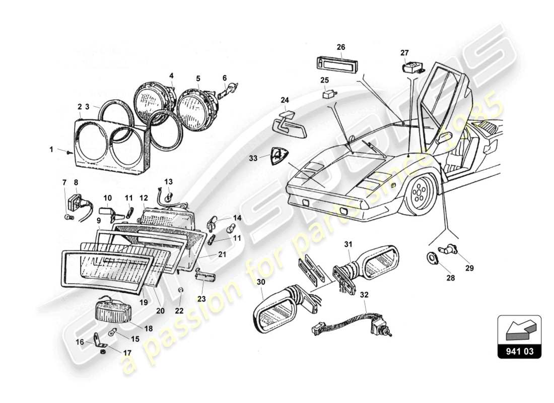 lamborghini countach 25th anniversary (1989) teilediagramm für frontlichter