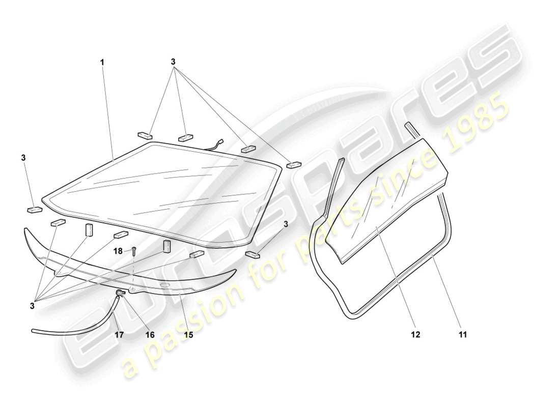lamborghini lp640 roadster (2009) fenstergläser ersatzteildiagramm