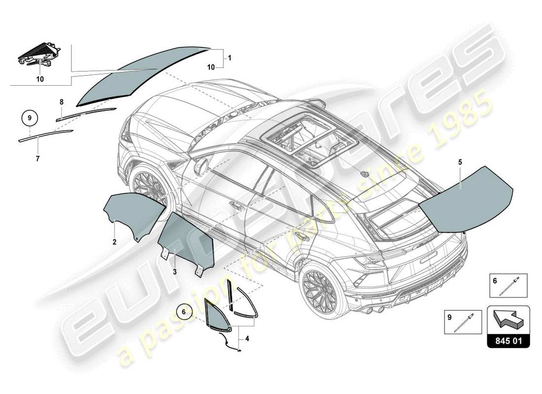 lamborghini urus performante (2024) fenstergläser ersatzteildiagramm